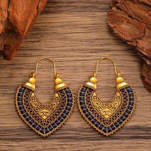 New Elegant Gold Tone and Blue Boho Style Earrings